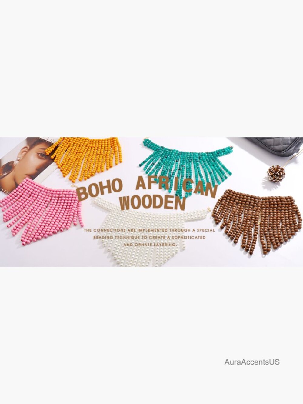 Boho Chunky Wooden Cluster Necklace Statement Layered Strands - Picture 7 of 7